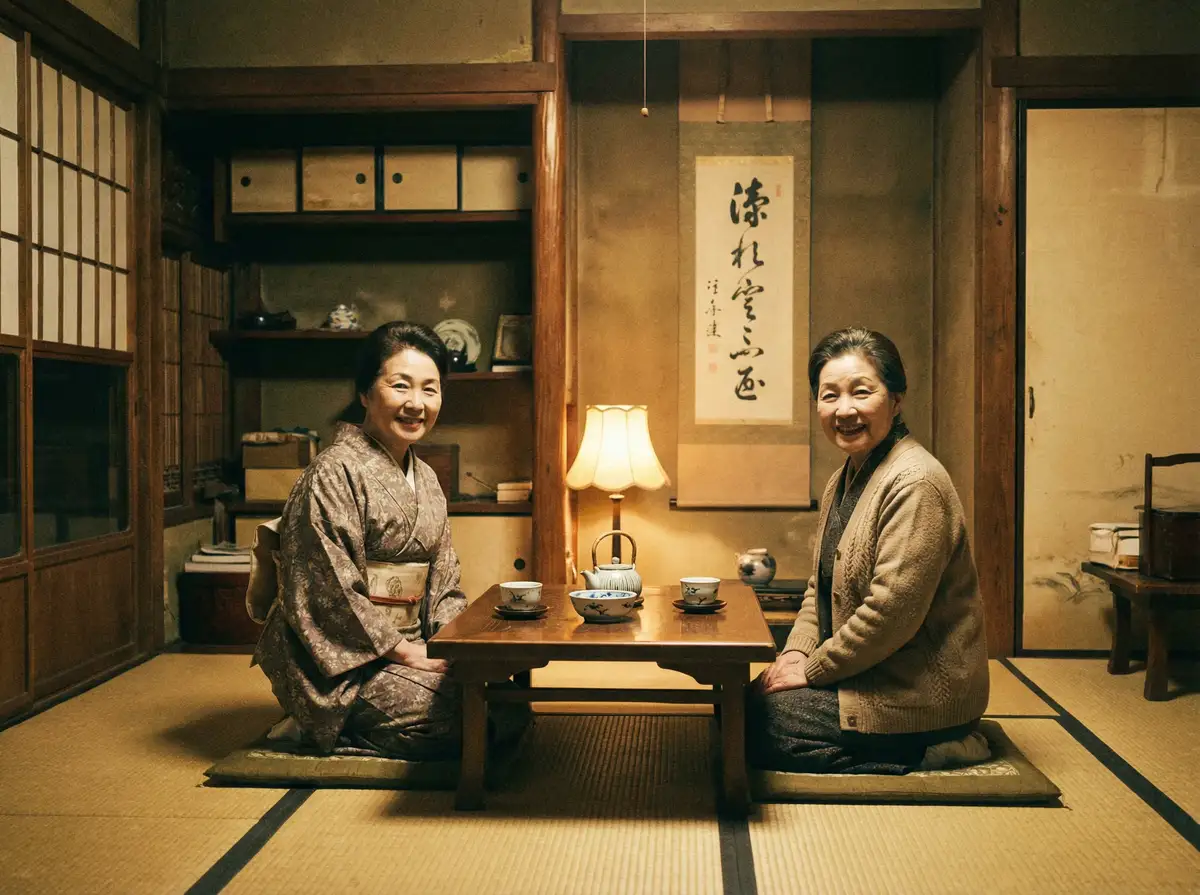 两位优雅的 亚博体育盛世平台 在日式茶室中品茶交谈